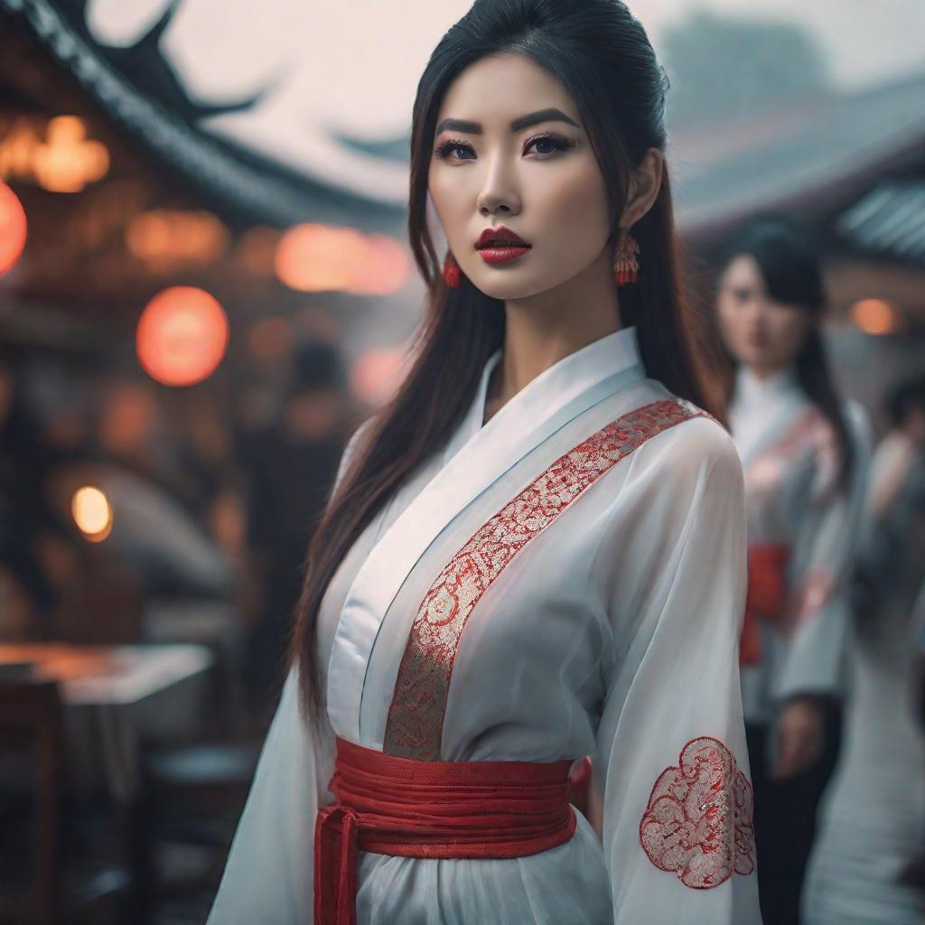  asian girls four, hyperrealistic, full body, detailed clothing, highly detailed, cinematic lighting, stunningly beautiful, intricate, sharp focus, f/1. 8, 85mm, (centered image composition), (professionally color graded), ((bright soft diffused light)), volumetric fog, trending on instagram, trending on tumblr, HDR 4K, 8K