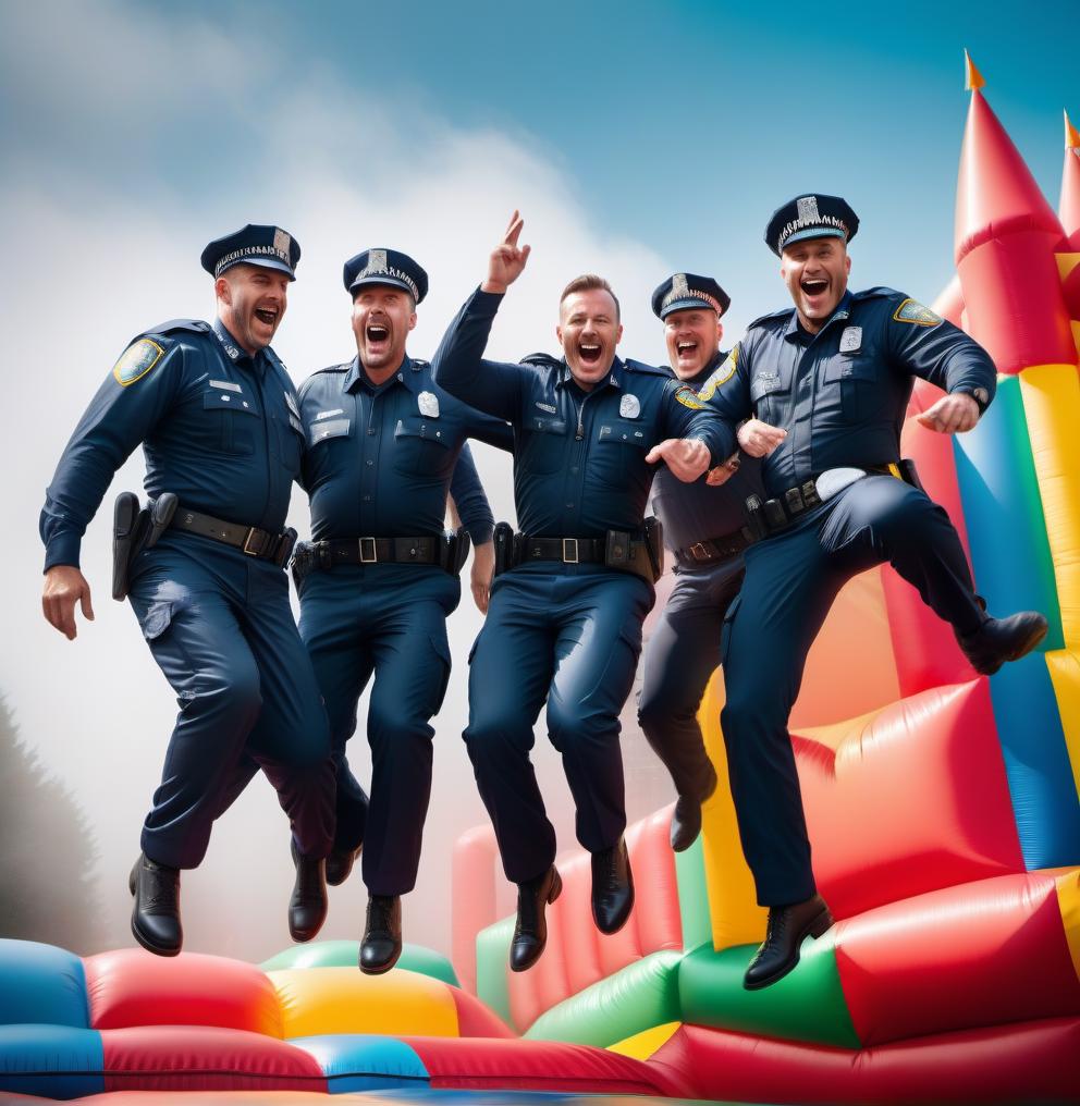  a group of traffic cops in their uniforms jump happily in a bouncy castle hyperrealistic, full body, detailed clothing, highly detailed, cinematic lighting, stunningly beautiful, intricate, sharp focus, f/1. 8, 85mm, (centered image composition), (professionally color graded), ((bright soft diffused light)), volumetric fog, trending on instagram, trending on tumblr, HDR 4K, 8K