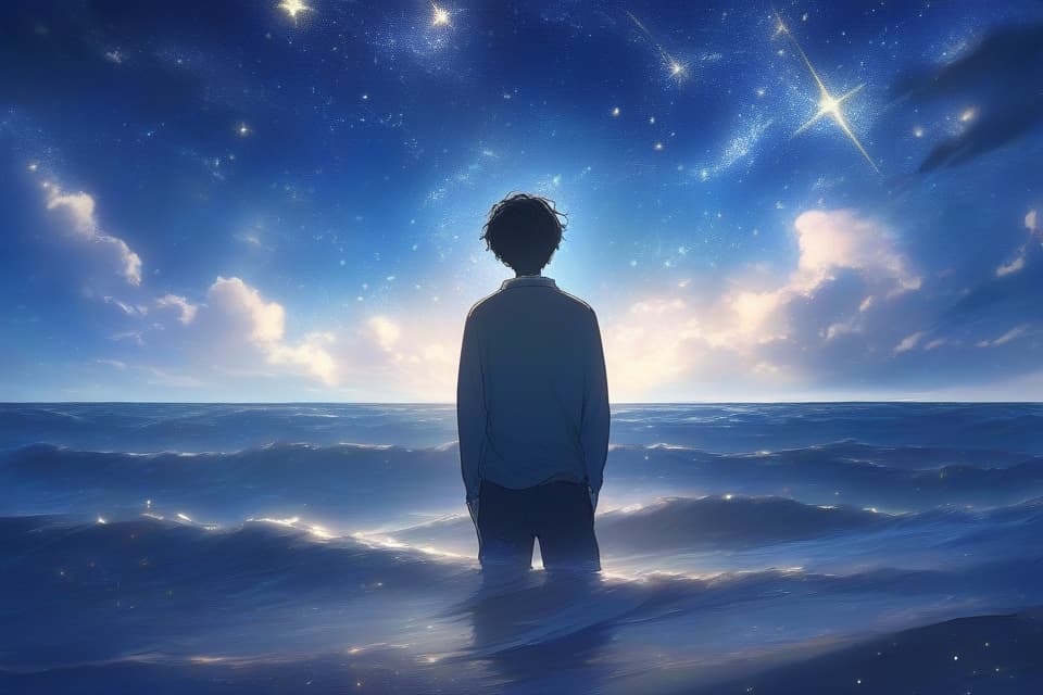  In the sea, a young man is looking up at the starry sky alone