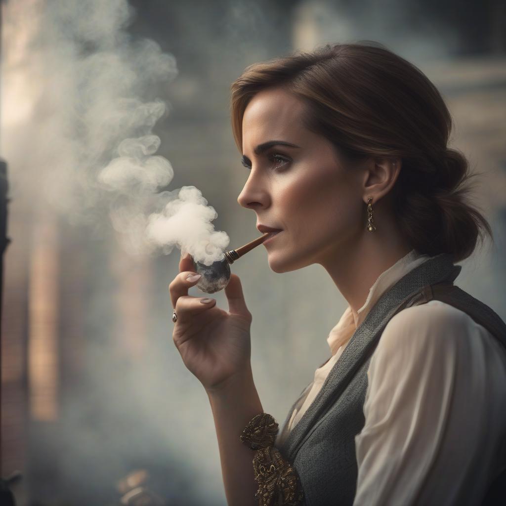  cinematic film still Emma Watson smokes a pipe . shallow depth of field, vignette, highly detailed, high budget, bokeh, cinemascope, moody, epic, gorgeous, film grain, grainy hyperrealistic, full body, detailed clothing, highly detailed, cinematic lighting, stunningly beautiful, intricate, sharp focus, f/1. 8, 85mm, (centered image composition), (professionally color graded), ((bright soft diffused light)), volumetric fog, trending on instagram, trending on tumblr, HDR 4K, 8K