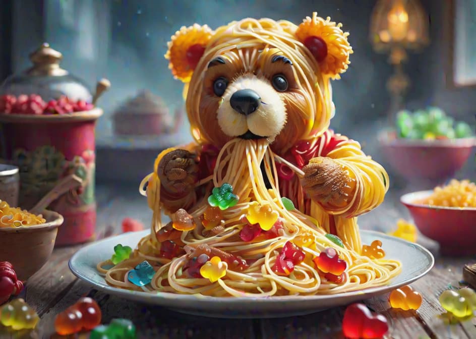  serving of delicious spaghetti decorated with gummi bears hyperrealistic, full body, detailed clothing, highly detailed, cinematic lighting, stunningly beautiful, intricate, sharp focus, f\/1. 8, 85mm, (centered image composition), (professionally color graded), ((bright soft diffused light)), volumetric fog, trending on instagram, trending on tumblr, HDR 4K, 8K hyperrealistic, full body, detailed clothing, highly detailed, cinematic lighting, stunningly beautiful, intricate, sharp focus, f\/1. 8, 85mm, (centered image composition), (professionally color graded), ((bright soft diffused light)), volumetric fog, trending on instagram, trending on tumblr, HDR 4K, 8K hyperrealistic, full body, detailed clothing, highly detailed, cinematic lighting, stunningly beautiful, intricate, sharp focus, f/1. 8, 85mm, (centered image composition), (professionally color graded), ((bright soft diffused light)), volumetric fog, trending on instagram, trending on tumblr, HDR 4K, 8K