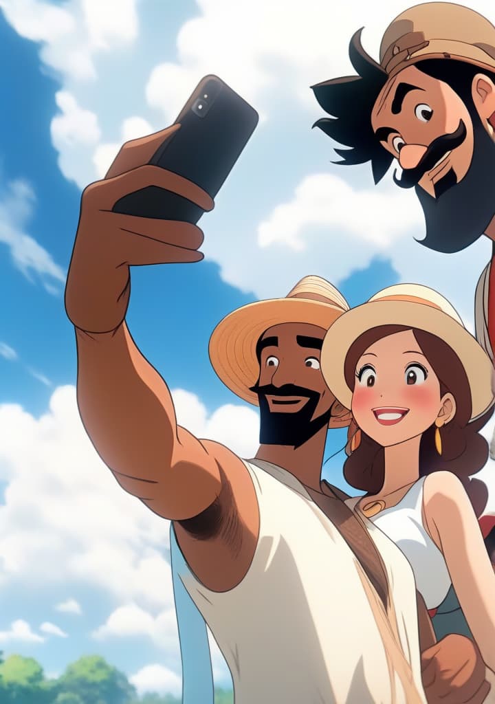  An anime charcter. A man and a woman are standing outdoors, smiling and taking a selfie together. The woman is wearing a sun hat and a white dress, while the man has a beard and mustache. Both individuals are looking at the camera with happy expressions. The background shows a clear blue sky with fluffy clouds. The man is holding the camera and wearing a strap around his shoulder. The woman also has a scarf wrapped around her neck. The dominant colors in the image are white and blue, with an accent color of 3A5E91. The image is bright and cheerful, capturing a moment of joy between two people enjoying each other's company. hyperrealistic, full body, detailed clothing, highly detailed, cinematic lighting, stunningly beautiful, intricate, sharp focus, f/1. 8, 85mm, (centered image composition), (professionally color graded), ((bright soft diffused light)), volumetric fog, trending on instagram, trending on tumblr, HDR 4K, 8K