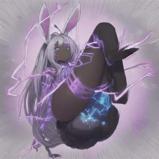  An archmage woman, dark skin, tall and with large, with long silver hair, with rabbit ears instead of human ears, these ears will be large and will be downward facing from where the human ears would be, she will have eyes blue and an electric blue and gold aura around it, in the background it will have pink crystals, make the full body image
