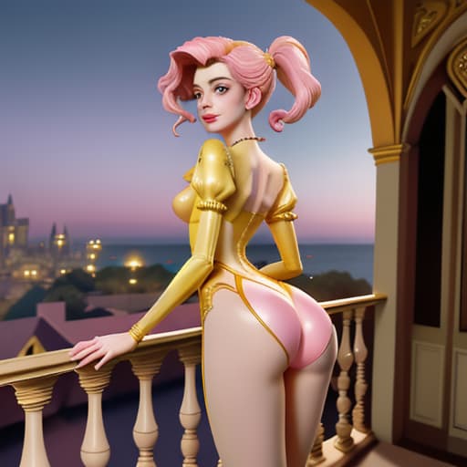  Anne Hathaway as Disney-like with amazing figures in bodytight,glittering,pink-yellow skinny short silk seen from the back showing some , deep over balcony of her palace