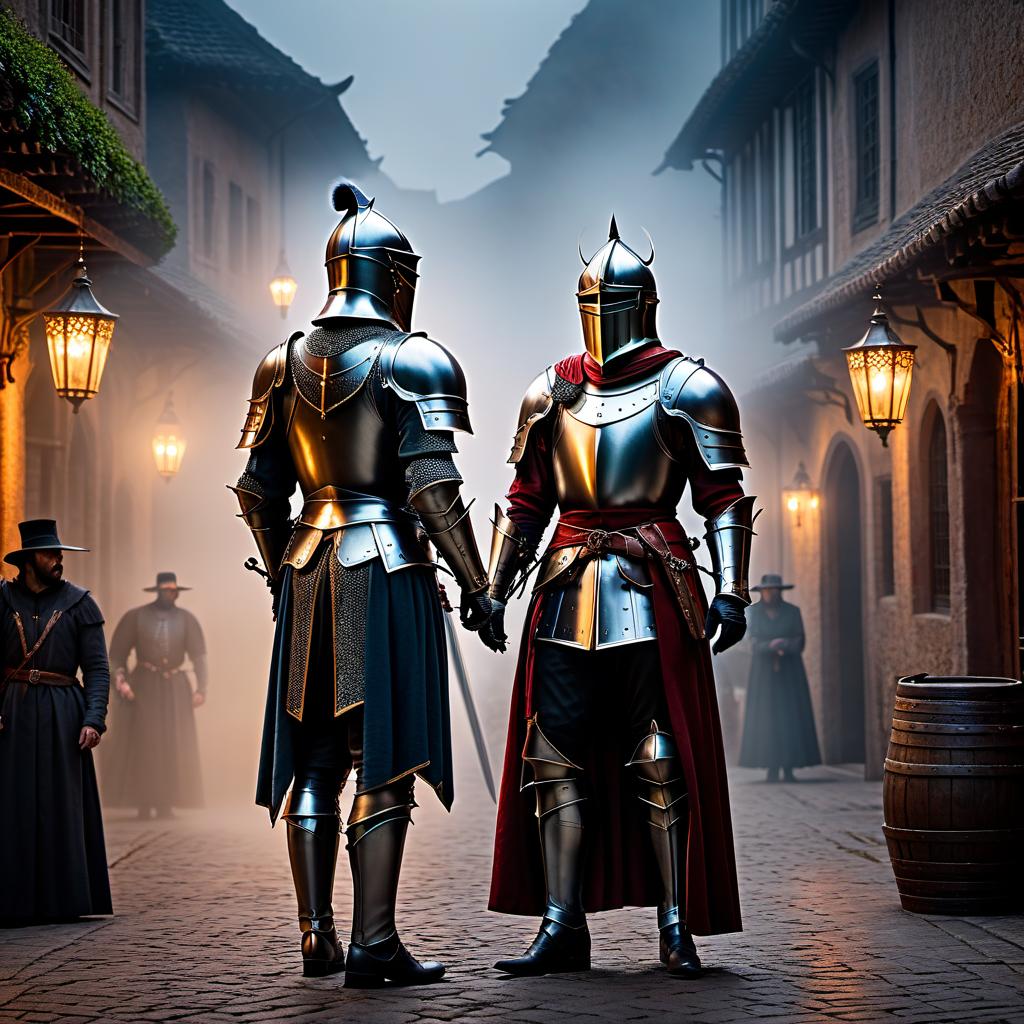  The knight and the magician are standing together. hyperrealistic, full body, detailed clothing, highly detailed, cinematic lighting, stunningly beautiful, intricate, sharp focus, f/1. 8, 85mm, (centered image composition), (professionally color graded), ((bright soft diffused light)), volumetric fog, trending on instagram, trending on tumblr, HDR 4K, 8K