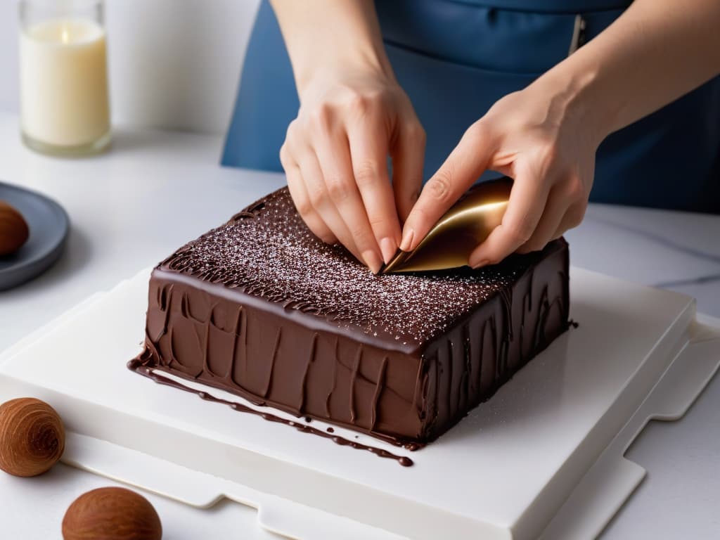  A closeup, ultradetailed image of a hand expertly folding a silky smooth chocolate ganache, showcasing the perfect glossy texture and flawless consistency. The fingers are gently working the mixture in a sleek, modern kitchen setting, with soft natural light illuminating the scene, emphasizing the rich, decadent color of the ganache. The minimalist composition focuses on the intricate swirls and peaks of the ganache, highlighting the precision and artistry involved in achieving the ideal texture for baking perfection. hyperrealistic, full body, detailed clothing, highly detailed, cinematic lighting, stunningly beautiful, intricate, sharp focus, f/1. 8, 85mm, (centered image composition), (professionally color graded), ((bright soft diffused light)), volumetric fog, trending on instagram, trending on tumblr, HDR 4K, 8K