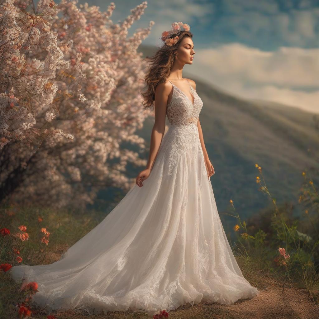  Girl Spring in a beautiful elegant dress and Girl Summer in a lacy beautiful dress come to Earth, nature is blooming with bright colours, colourful butterflies, blue clear sky with light white clouds, joy, coziness, fairy tale, sparkling hyperrealistic, full body, detailed clothing, highly detailed, cinematic lighting, stunningly beautiful, intricate, sharp focus, f/1. 8, 85mm, (centered image composition), (professionally color graded), ((bright soft diffused light)), volumetric fog, trending on instagram, trending on tumblr, HDR 4K, 8K