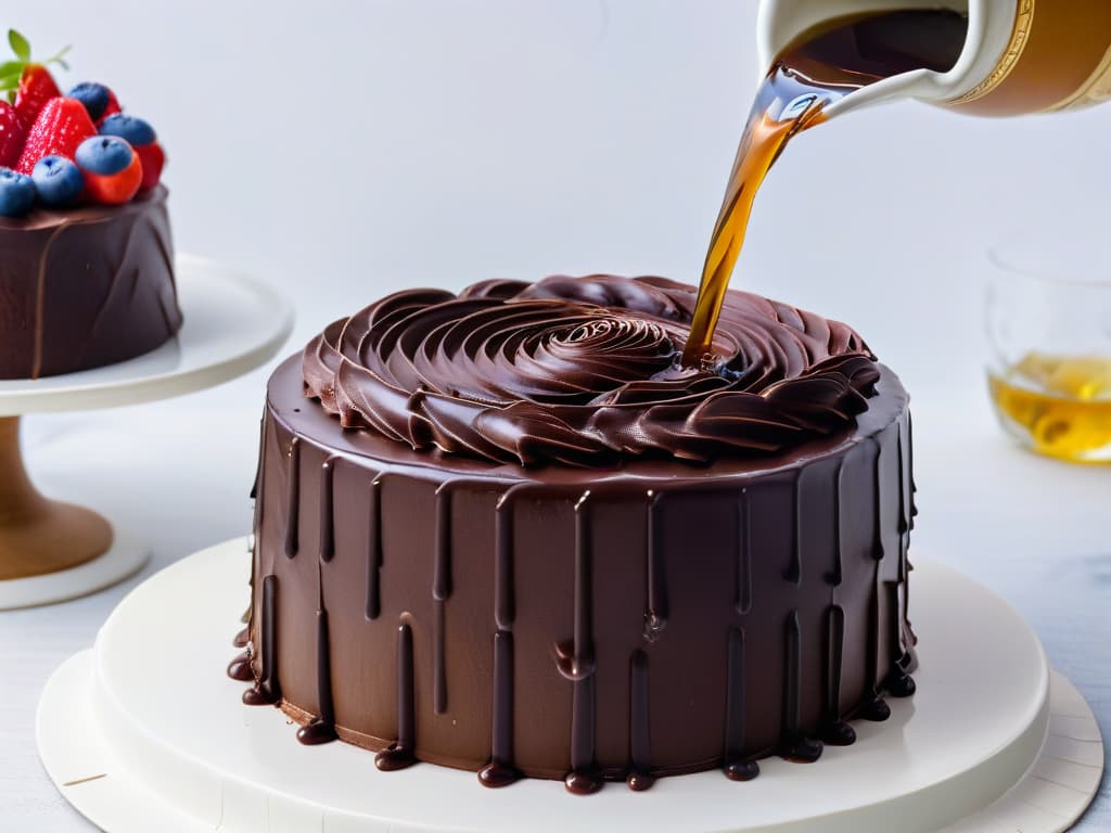  A closeup, ultradetailed image of a rich, velvety dark chocolate ganache being meticulously poured over a decadent triplelayer chocolate cake. The glossy ganache cascades down the sides, creating a mesmerizing swirl pattern as it settles smoothly on the cake's surface, showcasing a luxurious and indulgent texture. The dark chocolate's deep hue contrasts beautifully with the cake's moist crumb, exuding an aura of sophistication and exquisite taste. hyperrealistic, full body, detailed clothing, highly detailed, cinematic lighting, stunningly beautiful, intricate, sharp focus, f/1. 8, 85mm, (centered image composition), (professionally color graded), ((bright soft diffused light)), volumetric fog, trending on instagram, trending on tumblr, HDR 4K, 8K