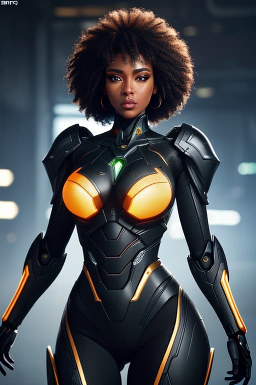  cgmech, beautiful eyes, upper body,, portrait, robot, armor, black women, african massai, neon light, 8K, RAW, best quality, masterpiece, ultra high res, colorful, (medium wide shot), (dynamic perspective), sharp focus , (depth of field, bokeh:1.3), extremely detailed eyes and face, beautiful detailed eyes,large breasts,(black gold, trimmed gear:1.2),(In a futuristic weapons factory:1.2), ((masterpiece, best quality)), <lora:more details:0.3> Detailed background, spaceship interior <lora:Niji:0.5> , afro hair, hyperrealistic, full body, detailed clothing, highly detailed, cinematic lighting, stunningly beautiful, intricate, sharp focus, f/1. 8, 85mm, (centered image composition), (professionally color graded), ((bright soft diffused light)), volumetric fog, trending on instagram, trending on tumblr, HDR 4K, 8K