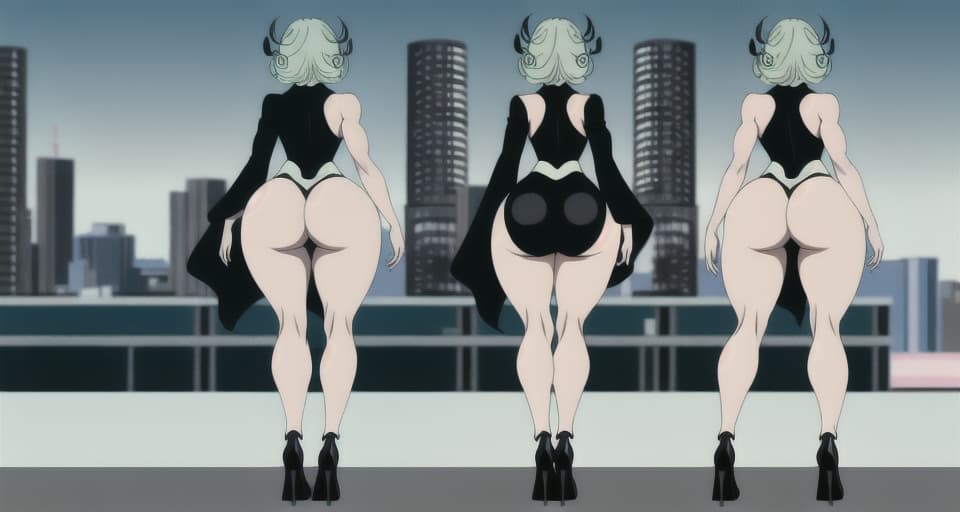  4k, Anime , tatsumaki, clueless of the viewer, huge ass in slutty long black legs that barely cover her long toned curvy legs, striding pose, tight legs, view from behind, cityscape, legs and ass closeup, insanely toned legs