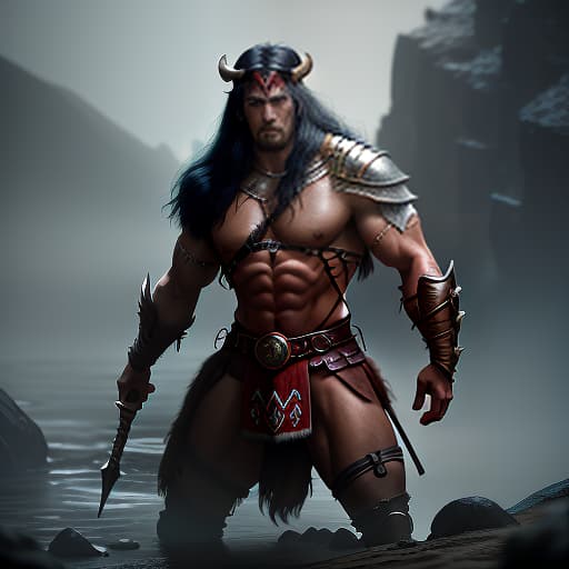  Conan the Barbarian hyperrealistic, full body, detailed clothing, highly detailed, cinematic lighting, stunningly beautiful, intricate, sharp focus, f/1. 8, 85mm, (centered image composition), (professionally color graded), ((bright soft diffused light)), volumetric fog, trending on instagram, trending on tumblr, HDR 4K, 8K