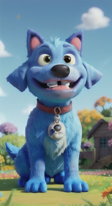  {Max carefully picking up the ball with his teeth without disturbing the flowers, The big blue dog is large with sky blue fur, big round eyes, a black nose, and floppy ears.