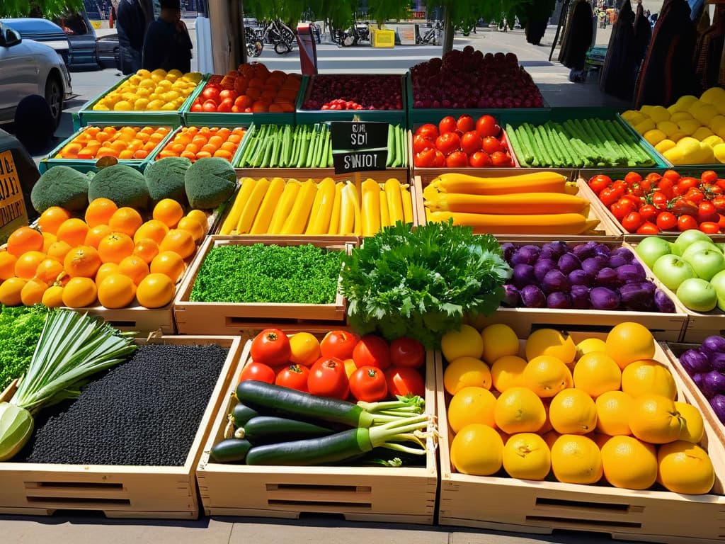  An ultradetailed, minimalistic image showcasing a diverse array of vibrant organic fruits and vegetables neatly arranged in wooden crates at a bustling organic market. The colors are rich and vivid, ranging from deep purples and bright oranges to lush greens and sunny yellows. Each piece of produce is flawlessly fresh and perfectly imperfect, exuding a sense of natural beauty and wholesome goodness. Sunlight filters through the market stalls, casting soft shadows and creating a warm, inviting atmosphere that beckons viewers to explore the bountiful offerings of the organic market. hyperrealistic, full body, detailed clothing, highly detailed, cinematic lighting, stunningly beautiful, intricate, sharp focus, f/1. 8, 85mm, (centered image composition), (professionally color graded), ((bright soft diffused light)), volumetric fog, trending on instagram, trending on tumblr, HDR 4K, 8K