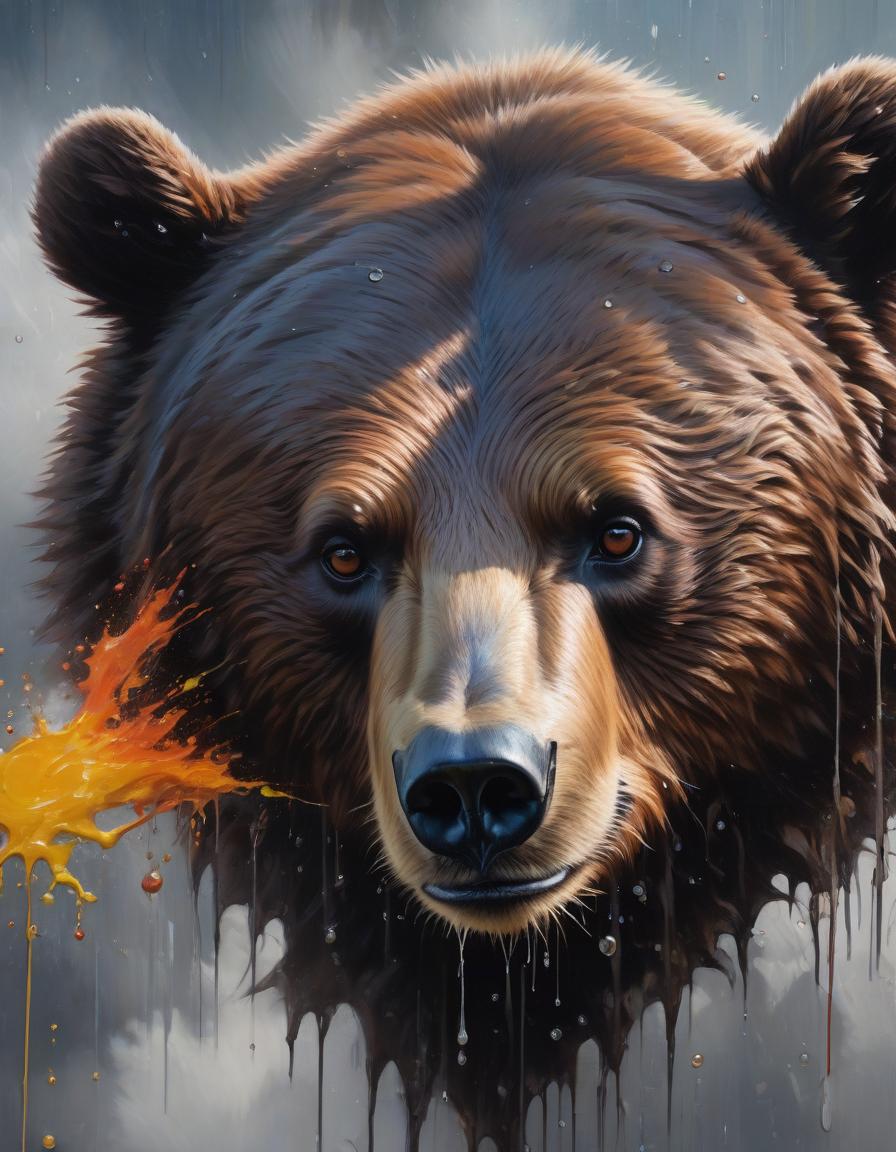  Large brush strokes, paint droplets, oil painting with a bear's face, # raw, society6, oil painting, in the style of Pixar. hyperrealistic, full body, detailed clothing, highly detailed, cinematic lighting, stunningly beautiful, intricate, sharp focus, f/1. 8, 85mm, (centered image composition), (professionally color graded), ((bright soft diffused light)), volumetric fog, trending on instagram, trending on tumblr, HDR 4K, 8K