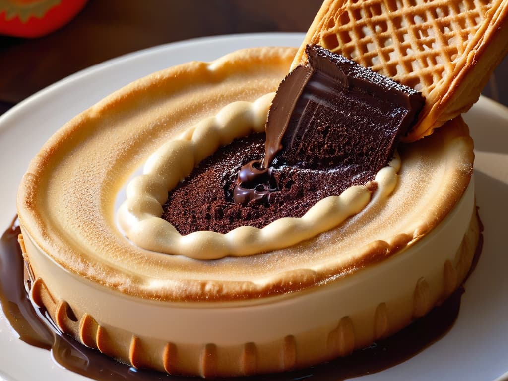  A closeup, ultradetailed image of a golden churro being filled with rich, velvety chocolate cream. The churro's crispy exterior glistens under a soft light, showcasing its perfectly ridged texture. The creamy filling oozes out slightly, tempting the viewer with its decadent allure. The background is a sleek, dark surface that enhances the minimalistic and professional feel of the image, ensuring the focus remains on the mouthwatering churro. hyperrealistic, full body, detailed clothing, highly detailed, cinematic lighting, stunningly beautiful, intricate, sharp focus, f/1. 8, 85mm, (centered image composition), (professionally color graded), ((bright soft diffused light)), volumetric fog, trending on instagram, trending on tumblr, HDR 4K, 8K