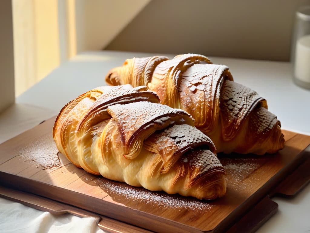  A closeup, ultradetailed image of a perfectly golden and flaky croissant resting on a rustic wooden table, with a light dusting of powdered sugar on top glistening in the soft natural light coming in through a nearby window. The layers of the croissant are delicate and clearly defined, showcasing the precise temperature control and skill required to achieve such a flawless pastry. hyperrealistic, full body, detailed clothing, highly detailed, cinematic lighting, stunningly beautiful, intricate, sharp focus, f/1. 8, 85mm, (centered image composition), (professionally color graded), ((bright soft diffused light)), volumetric fog, trending on instagram, trending on tumblr, HDR 4K, 8K