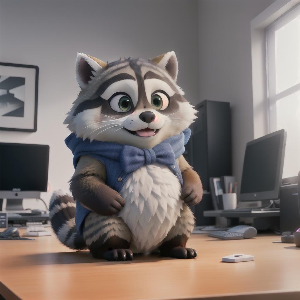  raccoon sitting in gaming chair front a computer on desktop, ((semi anthropomorphic)),(full body), tail, belly, sitting, fat, (chubby), (((white background))), solo, desktop, gaming chair, side view,  [[[clothes]]] hyperrealistic, full body, detailed clothing, highly detailed, cinematic lighting, stunningly beautiful, intricate, sharp focus, f/1. 8, 85mm, (centered image composition), (professionally color graded), ((bright soft diffused light)), volumetric fog, trending on instagram, trending on tumblr, HDR 4K, 8K