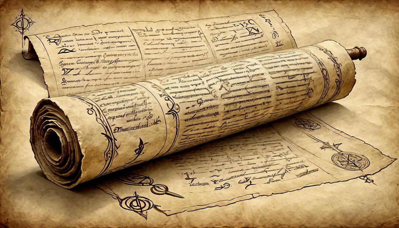  on parchment, surrealism+++, Close up of an ancient scroll, worn and aged, detailed calligraphy glowing faintly, arcane symbols, mystical aura, radiating wisdom(mysterious, provocative, symbolic,muted color)+++