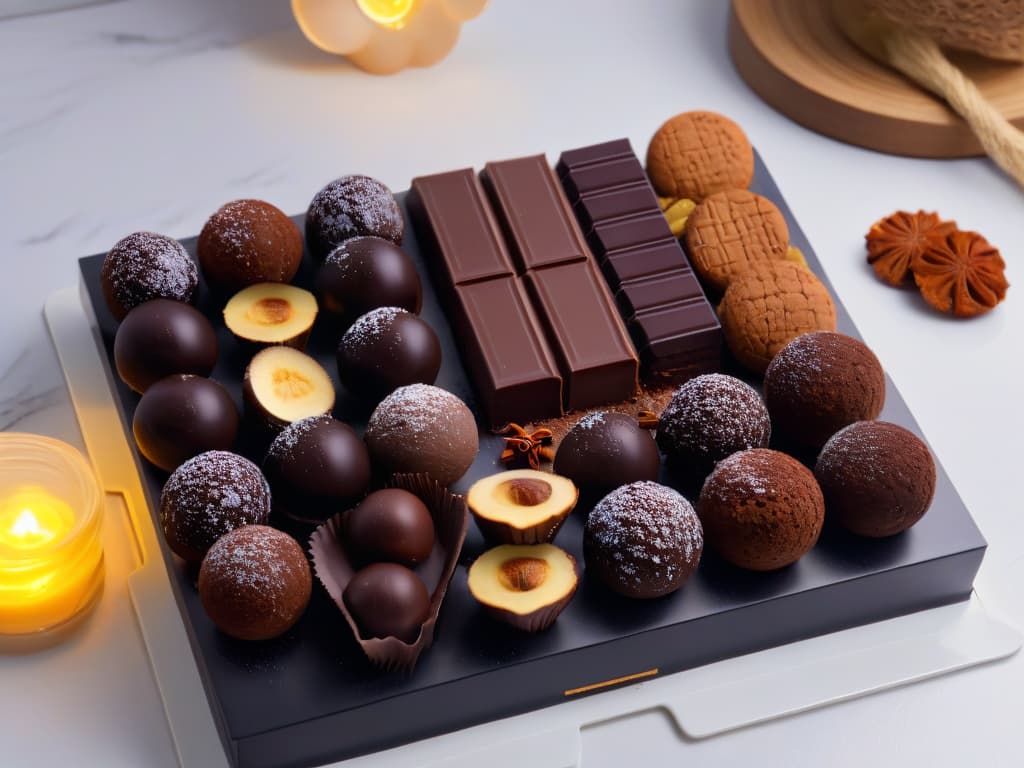  An ultradetailed 8k image of a sleek, minimalistic kitchen counter filled with an array of artisanal keto chocolate treats such as elegantly crafted dark chocolate truffles, rich and decadent keto chocolate bars, and intricately designed keto chocolate bonbons in various shapes and sizes. The chocolates are placed on top of a polished marble surface, beautifully reflecting the soft, warm glow of overhead spotlights, creating a luxurious and enticing display that embodies the essence of gourmet keto chocolate artistry. hyperrealistic, full body, detailed clothing, highly detailed, cinematic lighting, stunningly beautiful, intricate, sharp focus, f/1. 8, 85mm, (centered image composition), (professionally color graded), ((bright soft diffused light)), volumetric fog, trending on instagram, trending on tumblr, HDR 4K, 8K