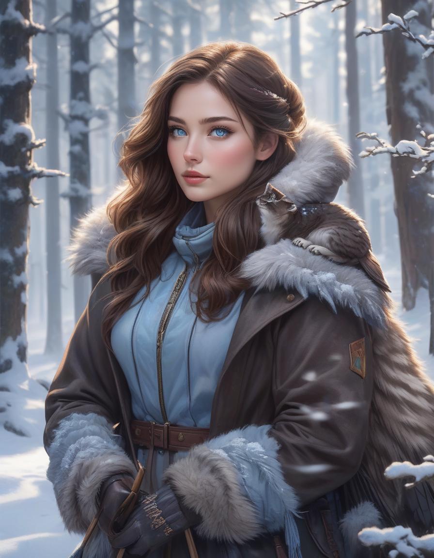  hyperrealistic art Create a portrait of a young woman with a determined expression in a snowy forest. The woman is seated, with long wavy chestnut brown hair, cool fair skin and expressive grey blue eyes. She is dressed in a dark brown, robust coat, dusted with snow powder. A snow panther sits next to her. On her shoulder is a falcon. The coat is hood less and appears heavy. On her shoulder she wears a quiver with arrows visible. In the background, snow covered pine trees and gently falling snowflakes are blurred, emphasising the calm but gloomy winter atmosphere. . extremely high resolution details, photographic, realism pushed to extreme, fine texture, incredibly lifelike hyperrealistic, full body, detailed clothing, highly detailed, cinematic lighting, stunningly beautiful, intricate, sharp focus, f/1. 8, 85mm, (centered image composition), (professionally color graded), ((bright soft diffused light)), volumetric fog, trending on instagram, trending on tumblr, HDR 4K, 8K