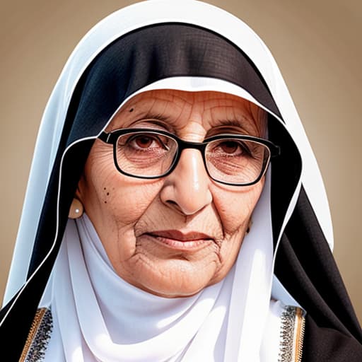  Generate an image of an Arabian grandmother from Jeddah, Saudi Arabia, wearing a white or off-white Hijab and glasses. The photo should capture her from the front, highlighting her traditional attire and reflecting the cultural essence of the Hijaz region. I need it in he quality