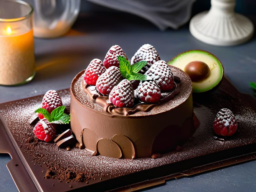  A highresolution image of a decadent chocolate avocado mousse topped with fresh raspberries, dusted with cocoa powder, and garnished with mint leaves on a sleek, minimalist white plate, set against a soft, blurred background to emphasize the rich colors and textures of the dessert. hyperrealistic, full body, detailed clothing, highly detailed, cinematic lighting, stunningly beautiful, intricate, sharp focus, f/1. 8, 85mm, (centered image composition), (professionally color graded), ((bright soft diffused light)), volumetric fog, trending on instagram, trending on tumblr, HDR 4K, 8K