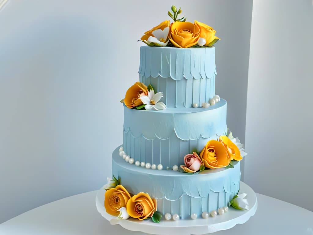  A photorealistic image of a tiered wedding cake masterpiece, meticulously decorated with intricate icing details in delicate pastel colors, adorned with cascading sugar flowers and shimmering edible pearls. The cake sits on a pristine white pedestal, set against a softfocus background to enhance its elegant and aweinspiring presence. hyperrealistic, full body, detailed clothing, highly detailed, cinematic lighting, stunningly beautiful, intricate, sharp focus, f/1. 8, 85mm, (centered image composition), (professionally color graded), ((bright soft diffused light)), volumetric fog, trending on instagram, trending on tumblr, HDR 4K, 8K