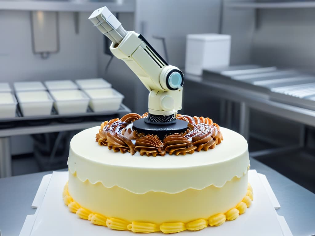  A sleek, minimalistic image of a stateoftheart robotic arm delicately icing a multitiered cake with precision and finesse in a modern bakery setting. The metallic arm is gleaming under the soft ambient lighting, showcasing intricate details like delicate piping techniques and flawless decoration. The background is blurred to emphasize the advanced technology at the forefront of the image, conveying a sense of innovation and efficiency in robotic pastry production. hyperrealistic, full body, detailed clothing, highly detailed, cinematic lighting, stunningly beautiful, intricate, sharp focus, f/1. 8, 85mm, (centered image composition), (professionally color graded), ((bright soft diffused light)), volumetric fog, trending on instagram, trending on tumblr, HDR 4K, 8K