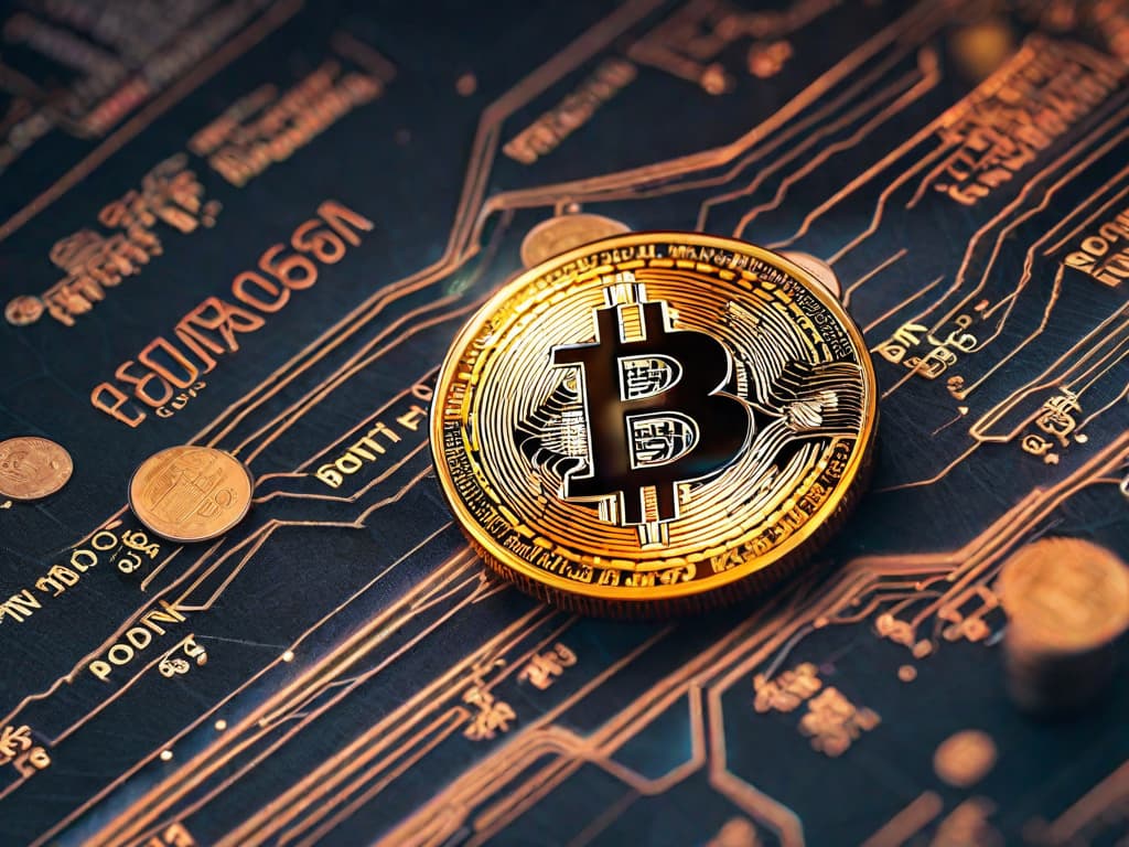  A shiny gold Bitcoin coin partially overlaid on a stock market graph showing a sharp upward spike, with digital binary code in the background. digital art, ilustration, no flares, clean hyperrealistic, full body, detailed clothing, highly detailed, cinematic lighting, stunningly beautiful, intricate, sharp focus, f/1. 8, 85mm, (centered image composition), (professionally color graded), ((bright soft diffused light)), volumetric fog, trending on instagram, trending on tumblr, HDR 4K, 8K