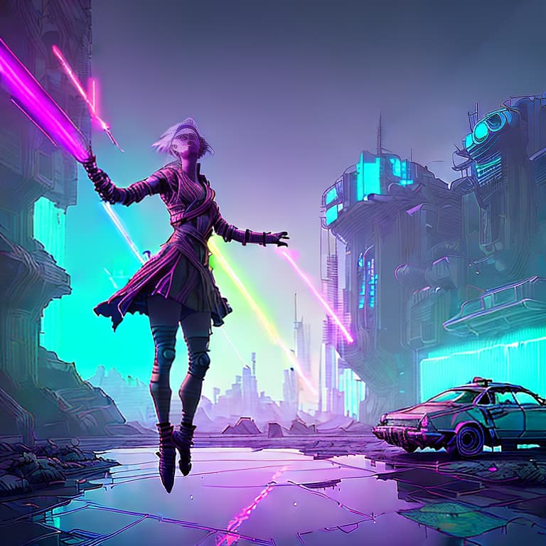 nvinkpunk In this mesmerizing image, a wise female Jedi master levitates serenely above a vast, post-apocalyptic landscape. Her alluring silver-plated burlesque costume stands out against the somber surroundings, enhanced by the vibrant glow of neon light.