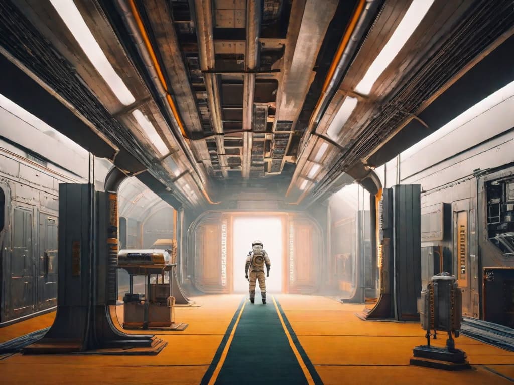  A dimly lit corridor of an abandoned spaceship, with eerie shadows casting over the metallic walls. In the foreground, a solitary figure in a spacesuit cautiously steps forward, a beam of light from their helmet piercing the darkness ahead.digital art, ilustration hyperrealistic, full body, detailed clothing, highly detailed, cinematic lighting, stunningly beautiful, intricate, sharp focus, f/1. 8, 85mm, (centered image composition), (professionally color graded), ((bright soft diffused light)), volumetric fog, trending on instagram, trending on tumblr, HDR 4K, 8K