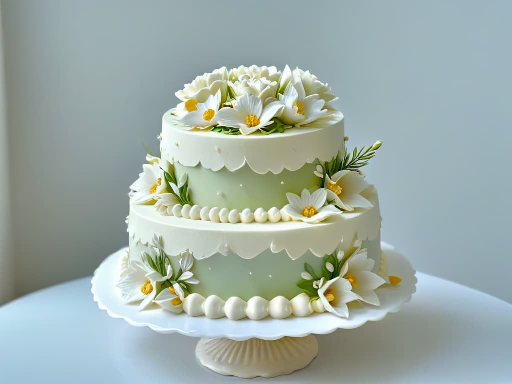  A closeup, ultradetailed image of a beautifully decorated threetiered cake with intricate piping designs, delicate fondant flowers, and shimmering edible gold accents. The cake is displayed on a crisp white cake stand against a soft, blurred background, showcasing the precision and artistry of professional pastry craftsmanship. hyperrealistic, full body, detailed clothing, highly detailed, cinematic lighting, stunningly beautiful, intricate, sharp focus, f/1. 8, 85mm, (centered image composition), (professionally color graded), ((bright soft diffused light)), volumetric fog, trending on instagram, trending on tumblr, HDR 4K, 8K