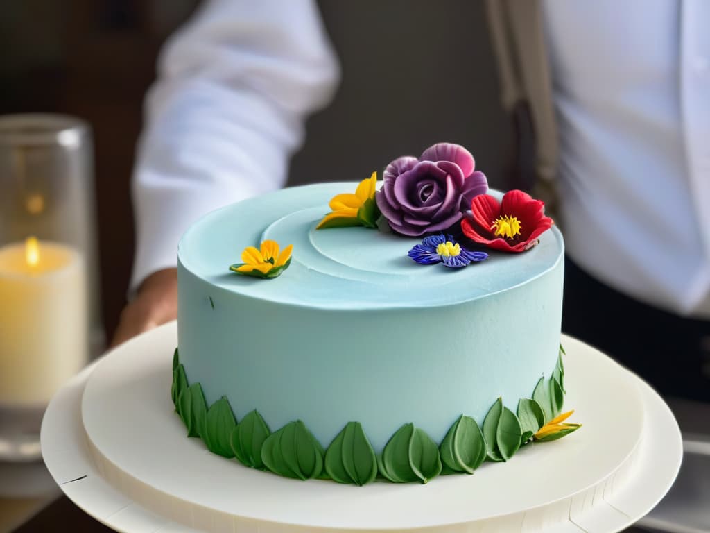  A serene and minimalistic image of a skilled pastry chef gracefully decorating a cake with intricate piping, surrounded by an array of vibrant and lush edible flowers. The chef's focused expression exudes professionalism and artistry, while the elegant simplicity of the composition conveys a sense of inspiration and mastery in the culinary craft. hyperrealistic, full body, detailed clothing, highly detailed, cinematic lighting, stunningly beautiful, intricate, sharp focus, f/1. 8, 85mm, (centered image composition), (professionally color graded), ((bright soft diffused light)), volumetric fog, trending on instagram, trending on tumblr, HDR 4K, 8K