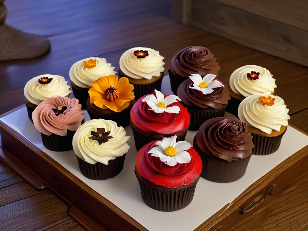  A photorealistic image of a colorful display of glutenfree cupcakes with innovative flavors and creative toppings. Each cupcake is intricately decorated with vibrant colors, edible flowers, chocolate shavings, and delicate icing swirls. The cupcakes are arranged on a rustic wooden table, with soft natural light illuminating them to showcase their beauty and detail. hyperrealistic, full body, detailed clothing, highly detailed, cinematic lighting, stunningly beautiful, intricate, sharp focus, f/1. 8, 85mm, (centered image composition), (professionally color graded), ((bright soft diffused light)), volumetric fog, trending on instagram, trending on tumblr, HDR 4K, 8K