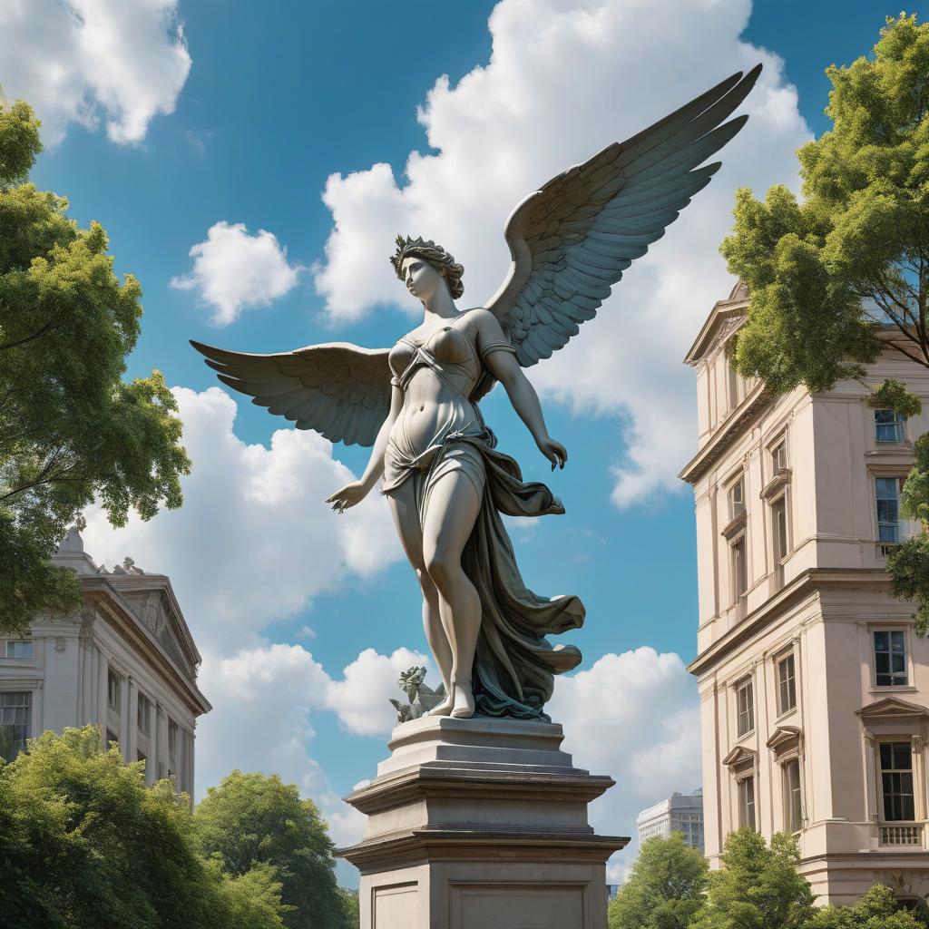  hyperrealistic art image depicts an outdoor scene focused on a statue of a figure holding wings aloft, symbolizing flight or triumph. The figure is dynamically posed, as if captured mid motion with wings fully extended. A neoclassical building with multiple windows and a pediment crowns the background, painted in a light, possibly pastel color. To the left, a lush tree suggests a well maintained urban space with greenery. The sky above shows fair weather with white clouds and blue sky, indicating daytime with pleasant conditions. . extremely high resolution details, photographic, realism pushed to extreme, fine texture, incredibly lifelike hyperrealistic, full body, detailed clothing, highly detailed, cinematic lighting, stunningly beautiful, intricate, sharp focus, f/1. 8, 85mm, (centered image composition), (professionally color graded), ((bright soft diffused light)), volumetric fog, trending on instagram, trending on tumblr, HDR 4K, 8K