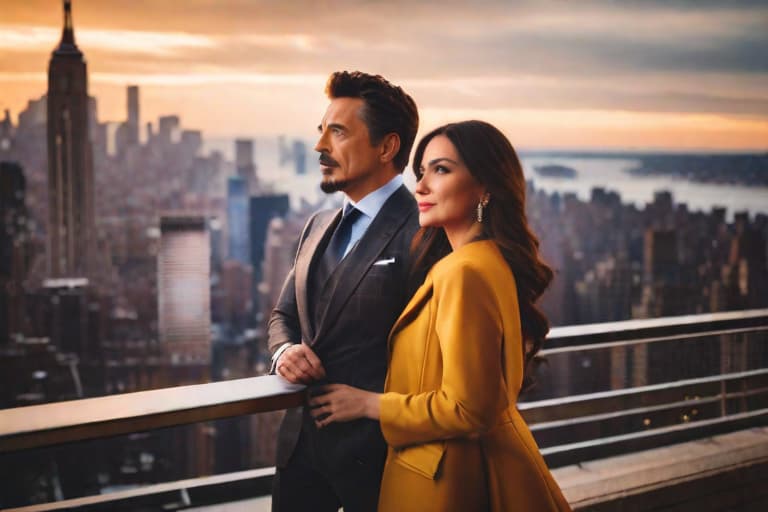  couple portrait of a man and a woman next to each other posing at the luxirious apartment with a view on new york city, looking away from the camera man: tony stark, marvel cinematic universe, human, powerful, happy, smart, optimistic, brave, confident, main character, wearing an expensive suit woman: woman in early thirties, brunette hair, brown eyes, she has a scar on the right cheek, confident, powerful, badass, happy, main character, wearing a feminine suit vivid photo, high detailed skin, 8k uhd, warm lighting, high quality, cinematic lighting, couple portrait, 85mm, ultra-realistic, 8k, cinema4d, powerful and romantic atmosphere, cute, hyper detail, full HD hyperrealistic, full body, detailed clothing, highly detailed, cinematic lighting, stunningly beautiful, intricate, sharp focus, f/1. 8, 85mm, (centered image composition), (professionally color graded), ((bright soft diffused light)), volumetric fog, trending on instagram, trending on tumblr, HDR 4K, 8K