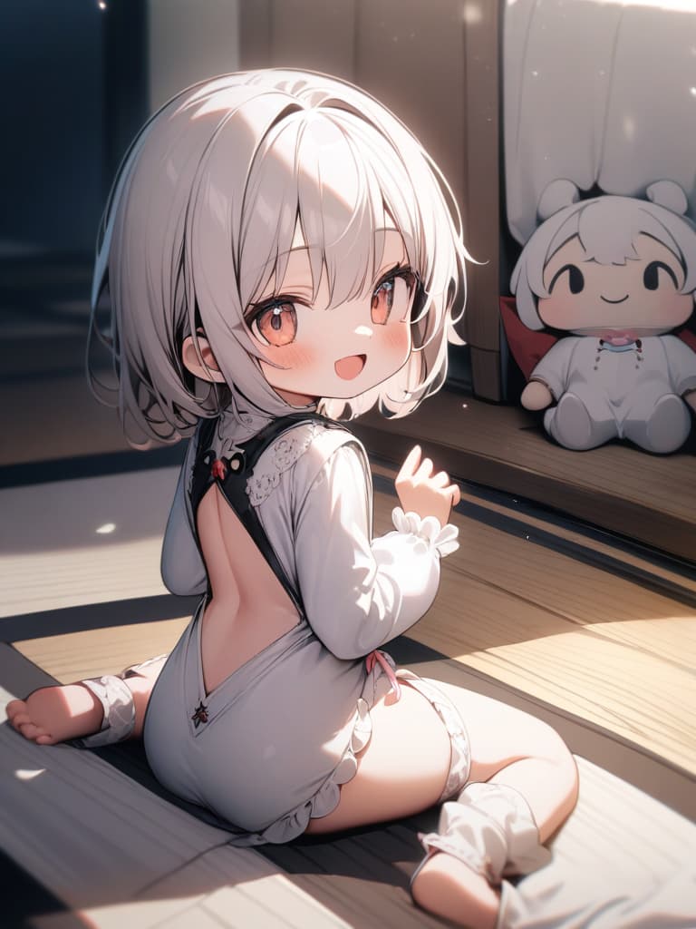  (((Wariza: 1.5, Sitting Down Floor, Looking Back, Infant Body Shape))), Chibi Character, Mini Chara, Open Mouth Smile, Open Mouth Smile, 💩, 💩, 💩, masterpiece, best quality,8k,ultra detailed,high resolution,an extremely delicate and beautiful,hyper detail