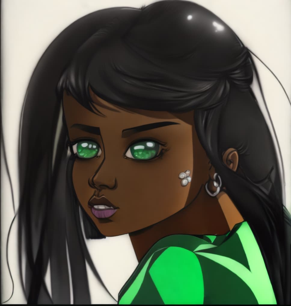  dark skinned kelly hu wearing a green sleeveless dress with green eyes drawn in the style of steven universe