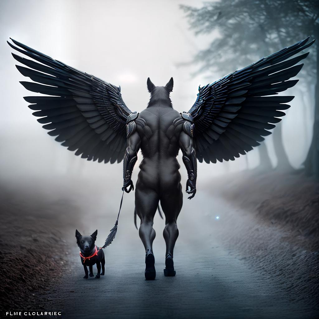  A creature with the body of a dog but the face of a man. 6 pairs of limbs, 6 pairs of wings on its back. The front 4 limbs look like hands, the back limbs like a dog. Skin black, body and muscle structure like a black dog. Sticking to the image as much as possible. There is a star hanging from the neck ,highly detailed, cinematic lighting, stunningly beautiful, intricate, sharp focus, f1. 8, 85mm, (centered image composition), (professionally color graded), ((bright soft diffused light)), volumetric fog, trending on instagram, trending on tumblr, HDR 4K, 8K
