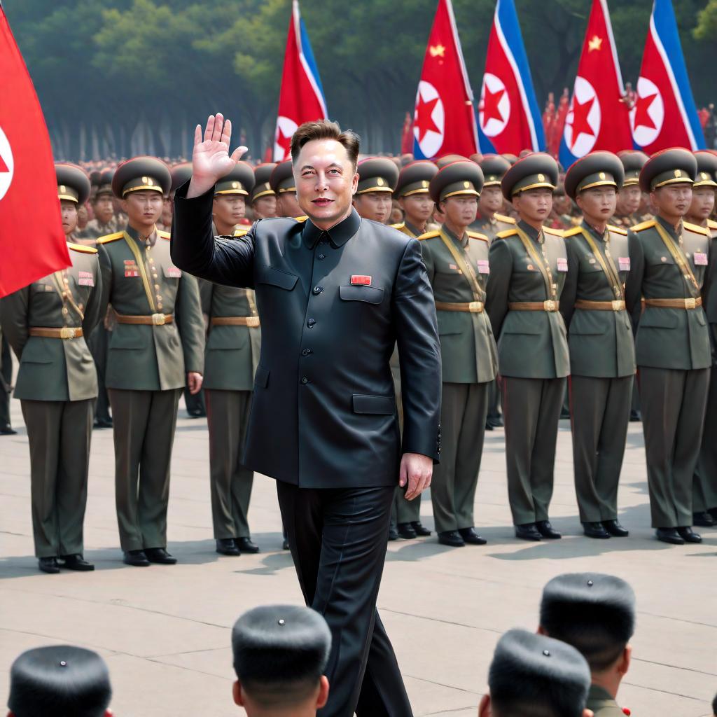  Elon Musk as the leader of North Korea, in a North Korean military uniform, waving to a crowd at a military parade. The scene is filled with North Korean flags and military personnel in a grand and formal setting. The image should be realistic and respectful, capturing all details of the event with accuracy. hyperrealistic, full body, detailed clothing, highly detailed, cinematic lighting, stunningly beautiful, intricate, sharp focus, f/1. 8, 85mm, (centered image composition), (professionally color graded), ((bright soft diffused light)), volumetric fog, trending on instagram, trending on tumblr, HDR 4K, 8K