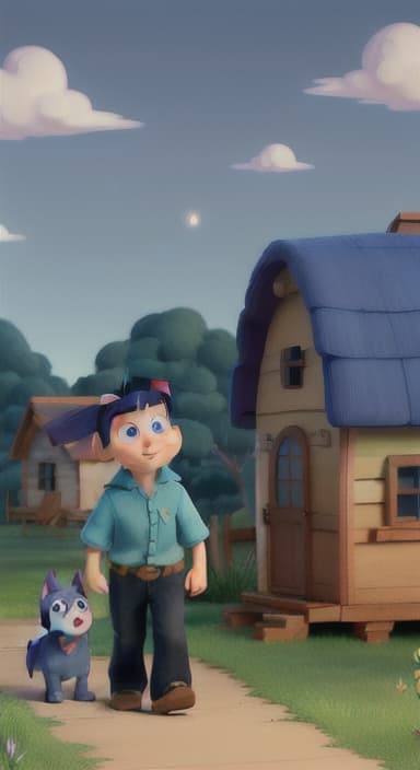  {Max walking back towards the cozy little house with droopy eyes, as twilight falls, The big blue dog is large with sky blue fur, big round eyes, a black nose, and floppy ears.