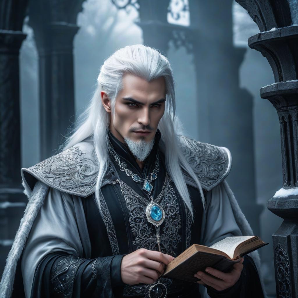  gothic style A guy, white hair, ice mage, grimoire . dark, mysterious, haunting, dramatic, ornate, detailed hyperrealistic, full body, detailed clothing, highly detailed, cinematic lighting, stunningly beautiful, intricate, sharp focus, f/1. 8, 85mm, (centered image composition), (professionally color graded), ((bright soft diffused light)), volumetric fog, trending on instagram, trending on tumblr, HDR 4K, 8K