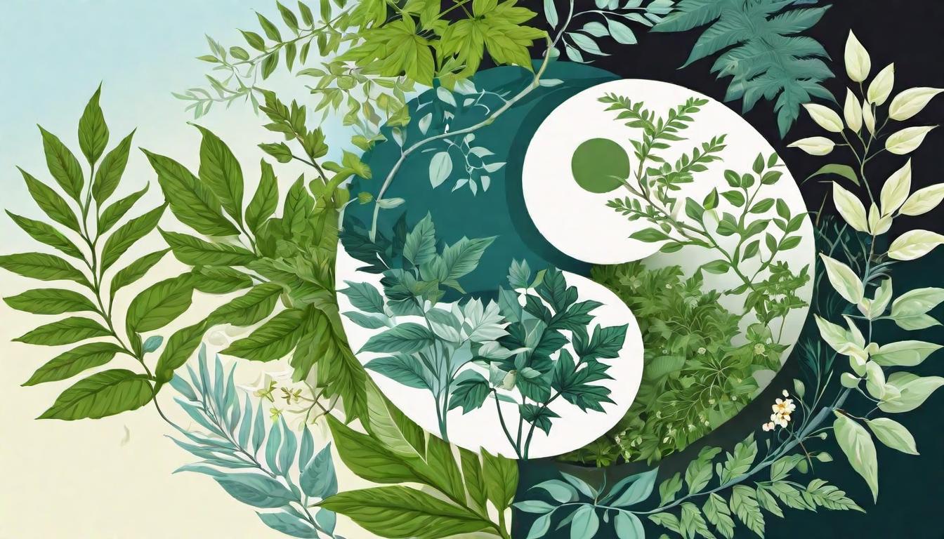  digital illustration A yin yang symbol surrounded by medicinal plants and a meditative figure, illustrating holistic practices as essential, balanced, restorative looking at viewer, dynamic pose, (intricate details, masterpiece, best quality)