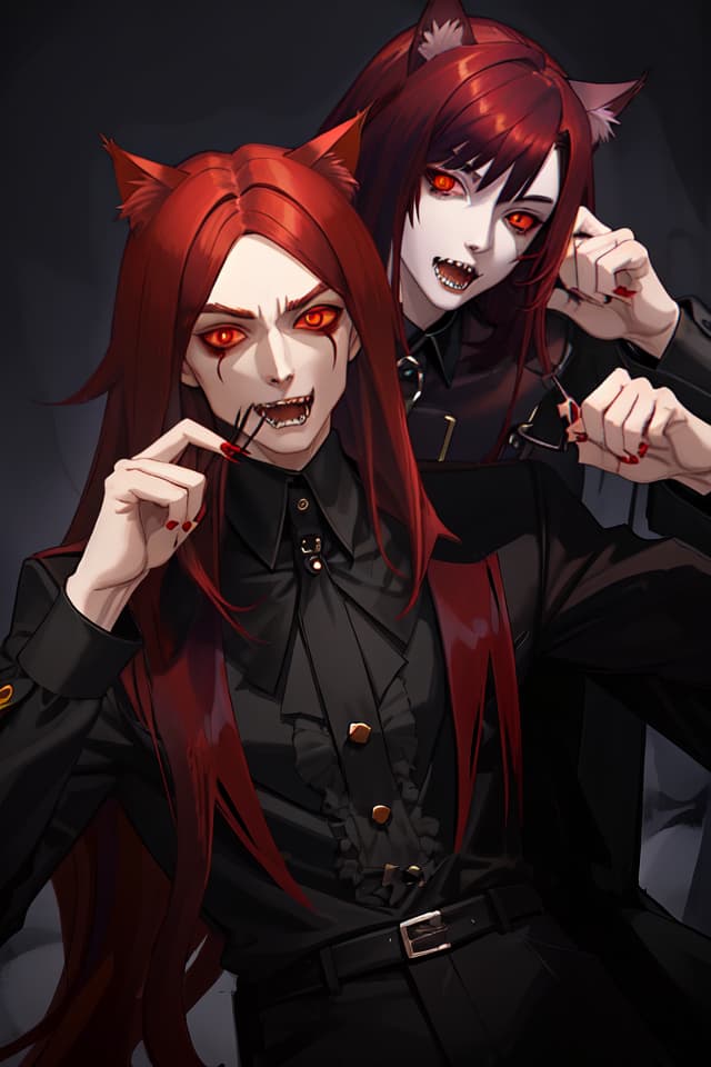  Dark red hair, cat ears, cut long eyes, double teeth, subculture, peez, handsome, tall, demon