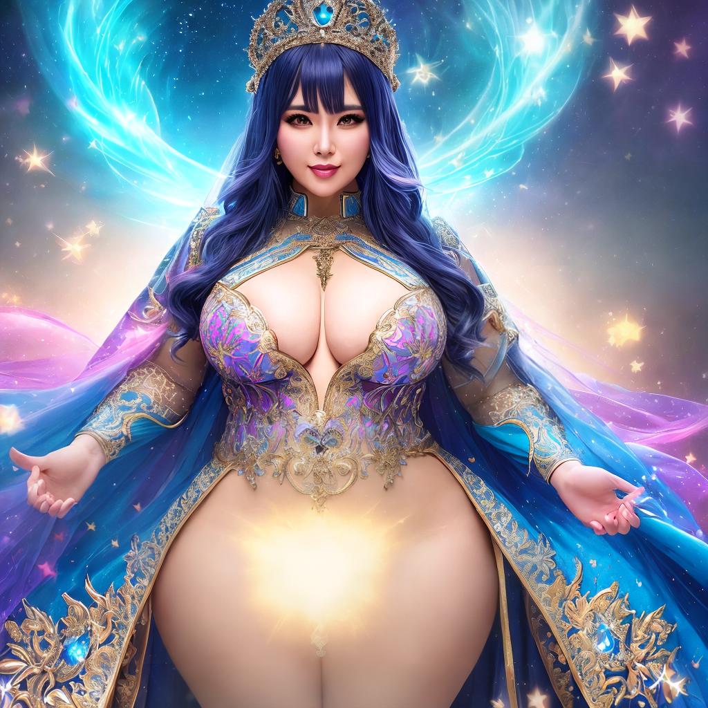  , masterpiece, high quality, HDR, anime style, plump magical woman, age 25, chubby, , visible s, smiling face, colorful costume, glowing wand on her , magical pose, expression, exaggerated features, detailed background with stars, symmetry, hyper realistic, highly detailed, highly detailed clothing, beautiful, intricate, (visible full body), (professionally color graded), (centered image composition), (bright lighting),  hyperrealistic, full body, detailed clothing, highly detailed, cinematic lighting, stunningly beautiful, intricate, sharp focus, f/1. 8, 85mm, (centered image composition), (professionally color graded), ((bright soft diffused light)), volumetric fog, trending on instagram, trending on tumblr, HDR 4K, 8K