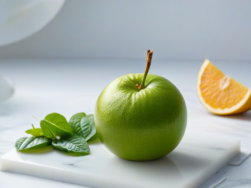  A closeup, ultradetailed image of a monk fruit placed delicately on a pristine white marble countertop. The monk fruit is perfectly illuminated, showcasing its vibrant green hue and intricate texture. The minimalistic composition focuses solely on the beauty and natural elegance of the monk fruit, inviting contemplation and admiration for this ancient sweetener. hyperrealistic, full body, detailed clothing, highly detailed, cinematic lighting, stunningly beautiful, intricate, sharp focus, f/1. 8, 85mm, (centered image composition), (professionally color graded), ((bright soft diffused light)), volumetric fog, trending on instagram, trending on tumblr, HDR 4K, 8K