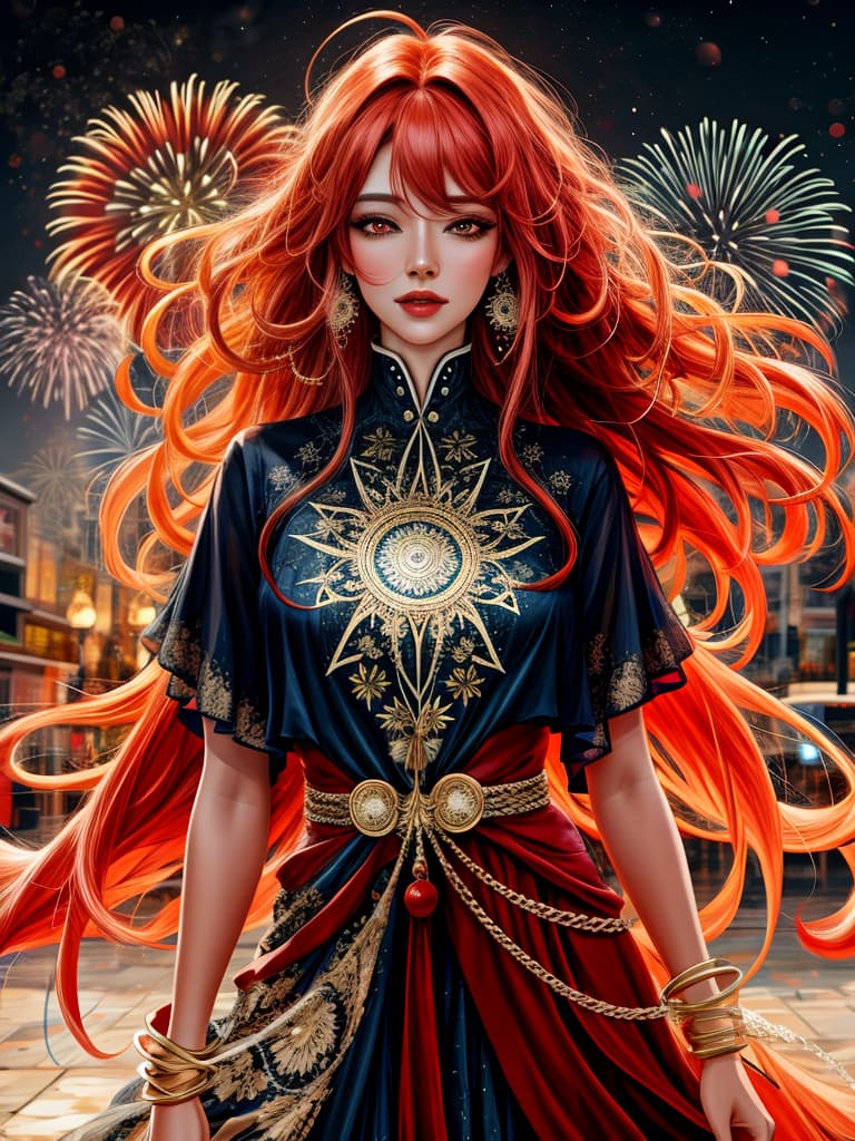  best quality,very long hair,ojousama,female,night,stars,fireworks,red hair,hair between eyes,floating hair,curly hair,red eyes,serious,dress,1 girl, orange hair: 1.1, mandala, tangled, tangled: 0.6, fractal art, the most beautiful chaotic form, beastly design hyperrealistic, full body, detailed clothing, highly detailed, cinematic lighting, stunningly beautiful, intricate, sharp focus, f/1. 8, 85mm, (centered image composition), (professionally color graded), ((bright soft diffused light)), volumetric fog, trending on instagram, trending on tumblr, HDR 4K, 8K