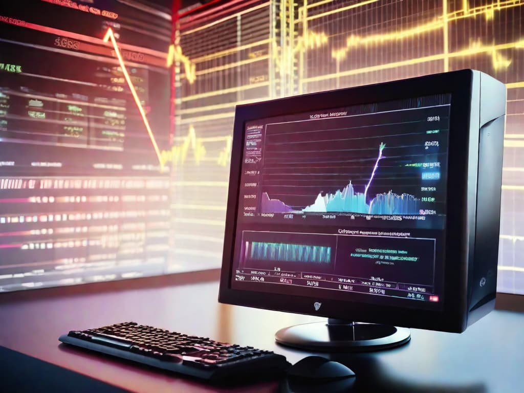  A close-up image of a futuristic computer monitor displaying stock market graphs and data, with a glowing AI symbol in the background, representing the impact of artificial intelligence on driving growth and investment opportunities in the stock market. digital art, ilustration, no flares, clean hyperrealistic, full body, detailed clothing, highly detailed, cinematic lighting, stunningly beautiful, intricate, sharp focus, f/1. 8, 85mm, (centered image composition), (professionally color graded), ((bright soft diffused light)), volumetric fog, trending on instagram, trending on tumblr, HDR 4K, 8K