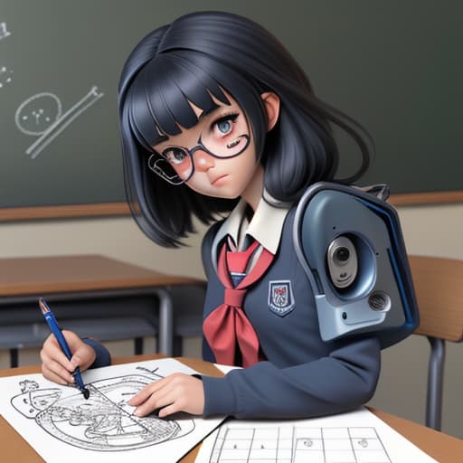  school girl drawing a robot