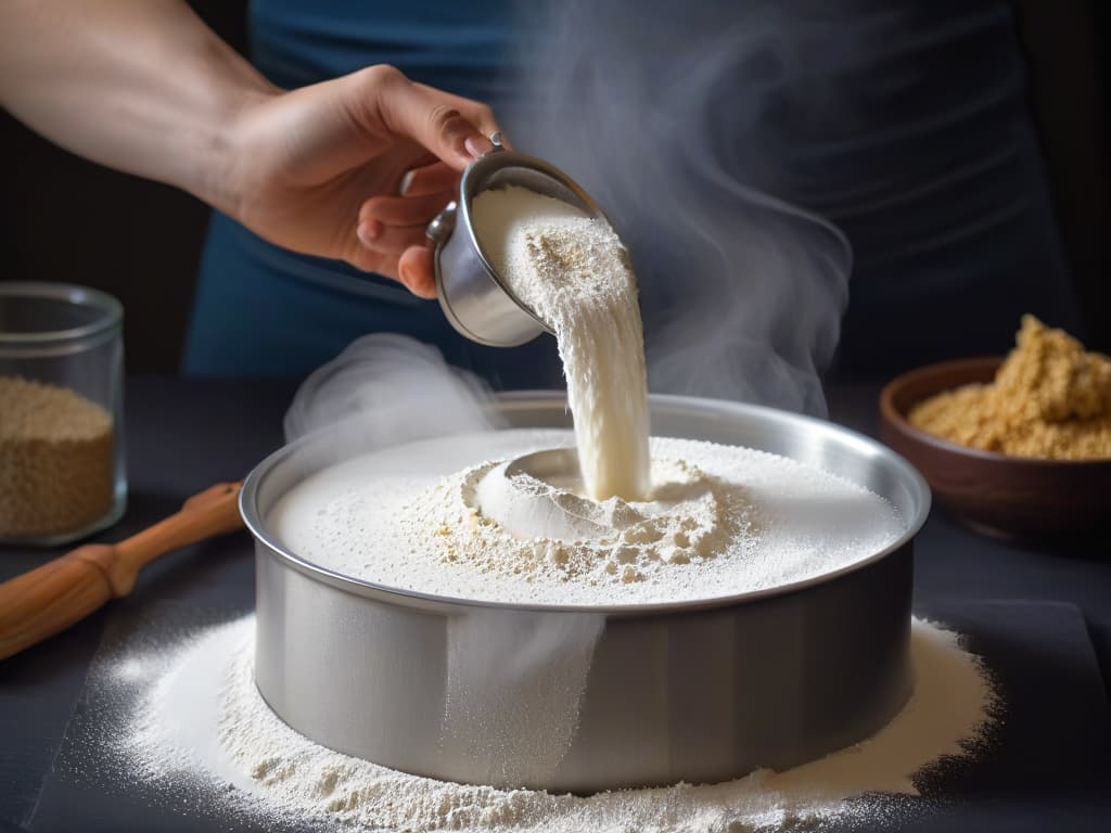  A closeup, ultradetailed image of a hand sifting flour through a sleek, modern sieve. The flour cascades down in a perfect, powdery stream, capturing the precise moment of sifting. The background is a soft focus, emphasizing the elegant simplicity of the act of sifting flour. hyperrealistic, full body, detailed clothing, highly detailed, cinematic lighting, stunningly beautiful, intricate, sharp focus, f/1. 8, 85mm, (centered image composition), (professionally color graded), ((bright soft diffused light)), volumetric fog, trending on instagram, trending on tumblr, HDR 4K, 8K